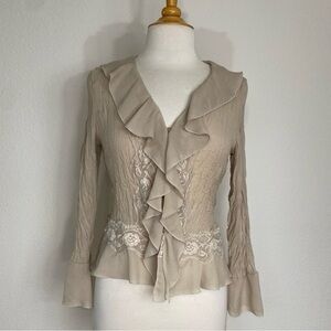 Vintage Allison Taylor Petite Tan Lace Gauzy Ruffle Blouse Size SP Classic Retro